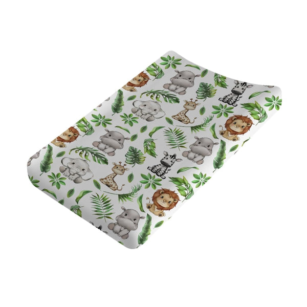 Tropical Jungle Safari Animals Changing Pad Covers, Elephant Giraffe Zebra Lion Hippo Diaper Change Sheets
