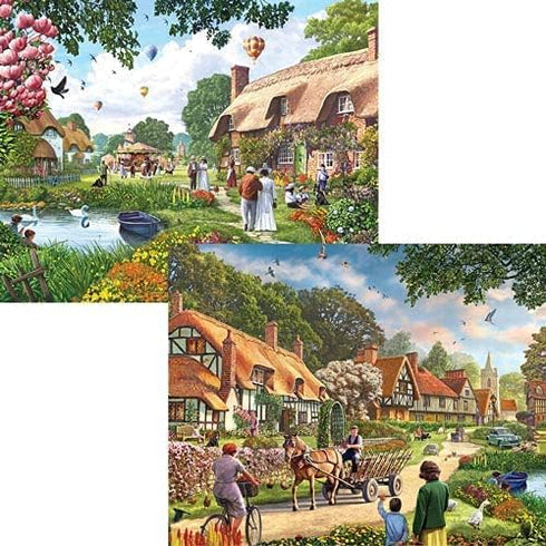 Bits and Pieces 4-in-1 Multi-Pack 500 Piece Jigsaw Puzzles for Adults - Village Life by Artist Steve Crisp, 16" x 20"