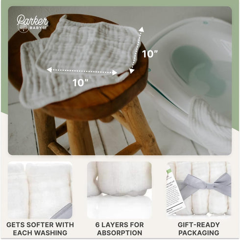 6 Pack 100% Parker Baby Washcloths - of Cotton Muslin Wash Cloths - Soft, Absorbent and Natural - White