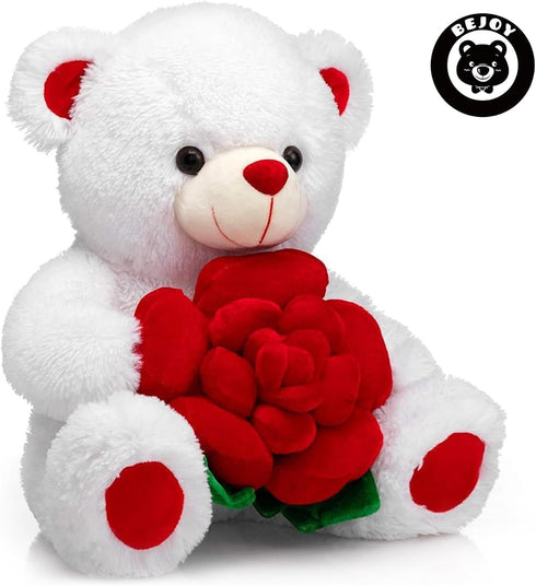 16 inches BEJOY Teddy Bear Stuffed Animals Plush Bear Holding Rose Soft Plush Toy Gifts White