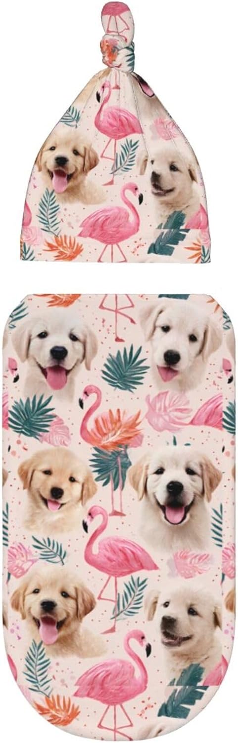 Nanyizly Set 0-6m Cute Puppies Flamingos Leaves Newborns Beanie Swaddle Blanket Baby Receiving Blankets for Infant Boy