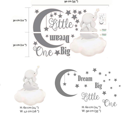 Runtoo Dream Big Little One Wall Decals, Elephant Inspirational Quotes Kids Wall Stickers for Nursery, Bedroom,