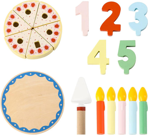 Wooden Cutting Birthday Cake Toys, Fake Cake Toy with Candles and Numbers, Montessori Tea Party Learning Toys