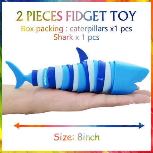 LUSTERMOON 2 Pieces Articulated Fidget Toy, Rainbow Caterpillar Toy Ocean Shark Decompression Toys, Stim Toy