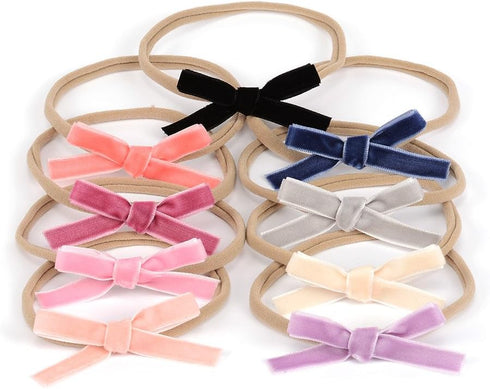 Velvet Ribbon Bow Nylon Headband, Handmade Mini Hair Band for Infants, Pack of 9pcs
