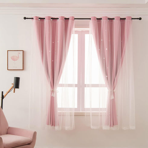 42W 84L,2 Pink Curtains for Girls Bedroom Kids Baby Room Decor Cute Double Layer Star Cutout Curtains Room Darkening