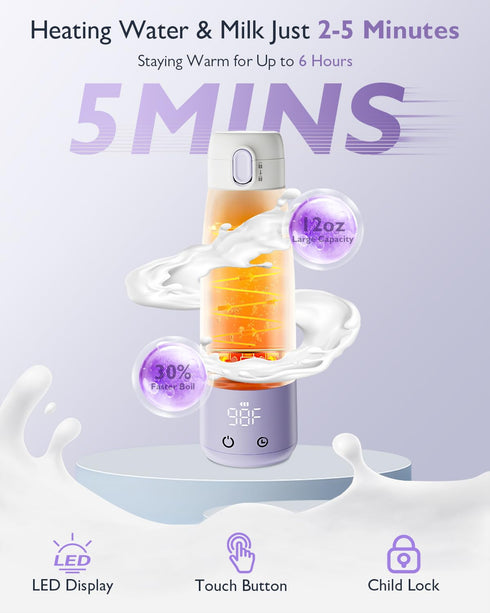 5 12 Portable Bottle Warmer for Breastmilk: Baby Milk Warmer with Smart Touch LED Temperature Control | Food-Grade