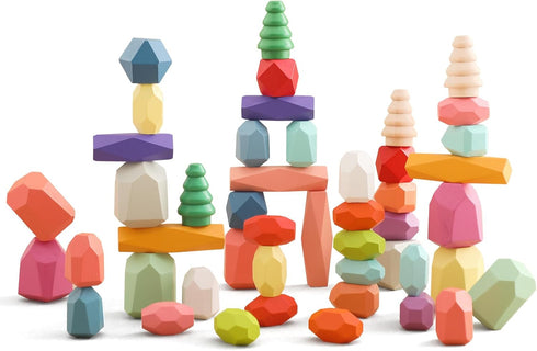 OESSUF Stacking Rocks, 48Pcs Wooden Balancing Stacking Blocks for Toddler Sorting Educational Montessori Game