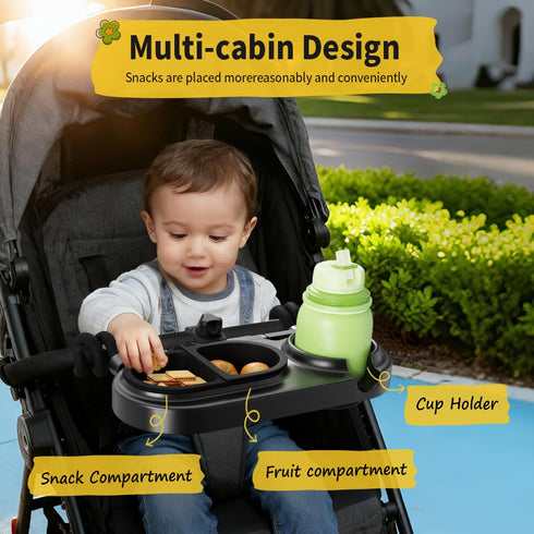 Rivonthex Universal Stroller Snack Tray, Stroller Tray Attachment with Flexible Silicone Arm Gripper & Deep Cup Holder