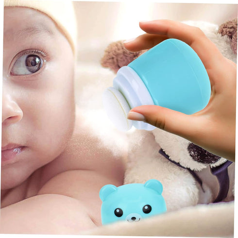 HAKIDZEL Baby Powder Puff Box Adorable Bear Design Blue Case Newborn to Adult Non-spill Dispenser