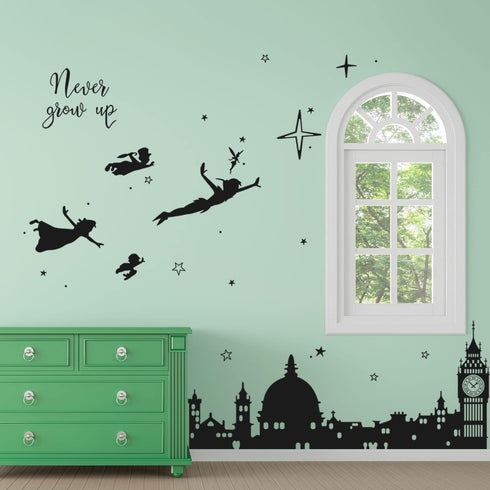 Runtoo Never Grow Up Nursery Wall Decals Quotes, Big Ben Cityscape Wall Stickers for Kids Room Baby Bedroom Decor