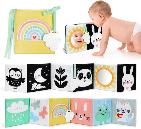 OKOOKO Black and White Baby Book, High Contrast Soft Toy for 0-6 Months, Tummy Time Crib Stroller Montessori