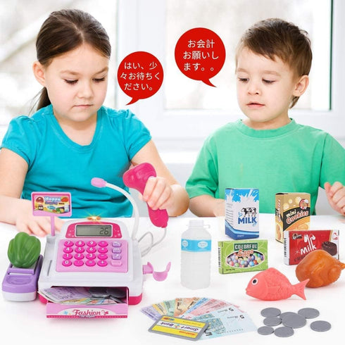 Sotodik Cash Register Pretend Play Supermarket Shop Toys with Calculator ,Working Scanner,Credit Card ,Play Food ,Money
