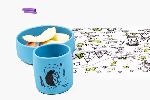 modern-twist Sip Set, Pack of 2 Food-Grade Silicone Reusable Cups, Waterproof, Dishwasher Safe - Blue Hedgehog Family