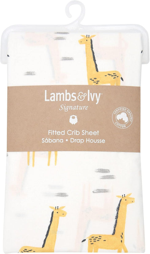 Organic Cotton Fitted Crib Sheet with Giraffe Print - White/Yellow