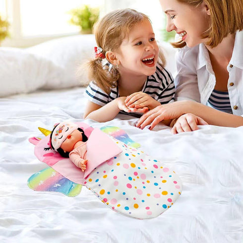 Baby Doll Sleeping Bag Toy Playset, Rainbow Unicorn Doll Bedding Accessories with Eye Mask for 12 Inch Doll