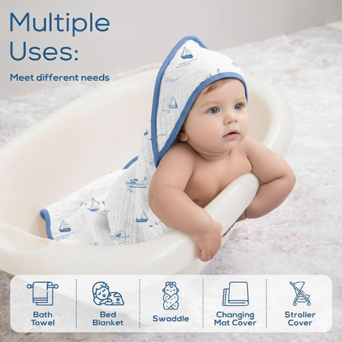 32"x32", 100% 6 Pack 2 Muslin Hooded Baby Towels for Newborns, Cotton Layers Super Soft Absorbent Breathable, Baby Bath