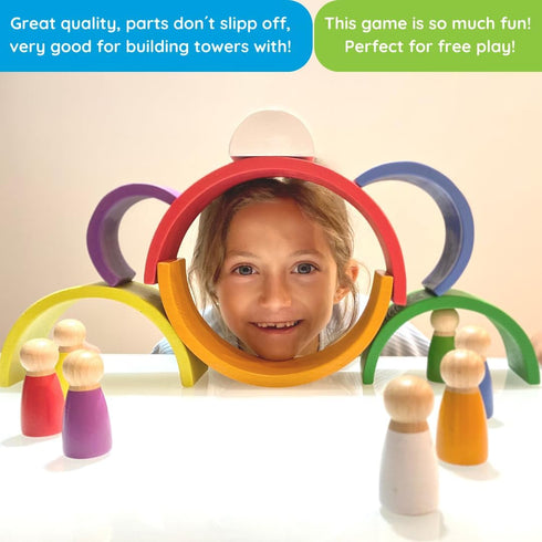 Montessori Nesting Rainbow Toy - Wooden Stacking Set with Arches, Peg Dolls & Story Book for Ages 3+