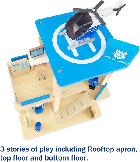 Wooden Police Station Playset Toy, Multicolor 3-Level Pretend Play Dollhouse Set with Figures
