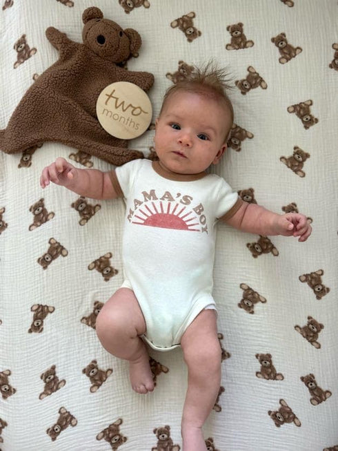 52 28 inches, Ali+Oli Teddy Bear Print Muslin Fitted Crib Sheet, Soft Breathable Cotton, x Cream and Brown