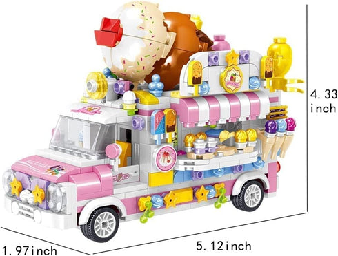 Girls Building Blocks Toys, 593 Pieces Ice Cream Truck Set, Pink Building Bricks Toys for Kids Age 6-12