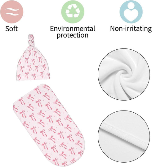 zhedongsj Set Pink Bow Baby Stuff Swaddle Blanket for Girls, Soft Newborn Swaddling Sack Shower Gift with Hat and Bow