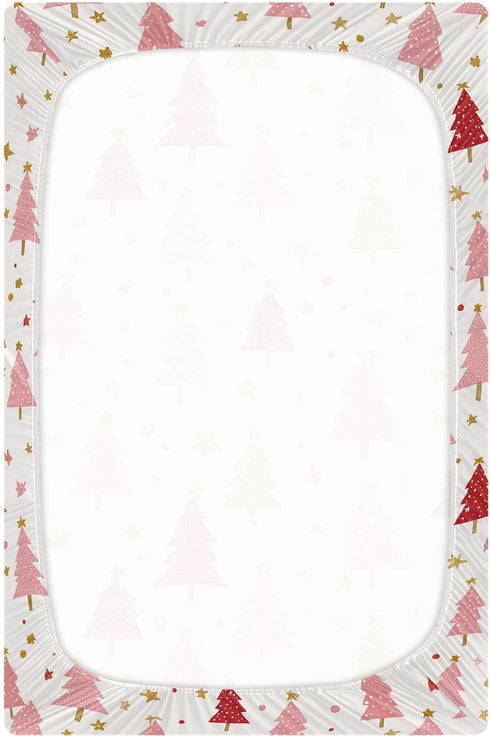 Sheet,52x28IN Pfrewn Christmas Crib Sheets for Boys Girls Christmas Pink Fir Trees Stars Snowflakes Fitted Crib Sheet