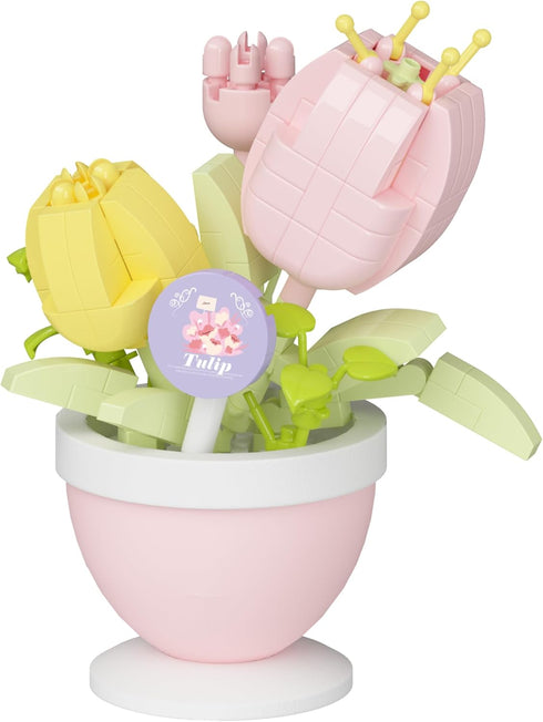 Jollcnoia Tulip Mini Flower Bonsai Building Toy Potted Plant Blocks Artificial Particle Flower