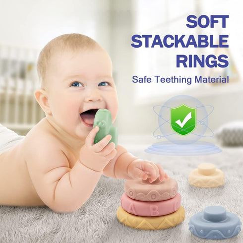 Jyusmile Baby Toys for 6-12 Months, Montessori Stacking Blocks, Soft Teething Toys & Sensory Balls