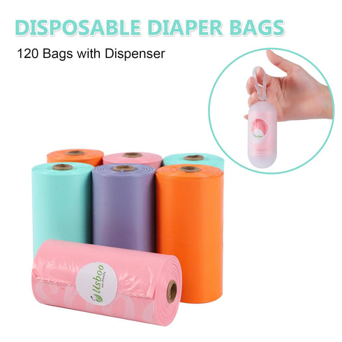 8 Rolls/120 Diaper Bags Disposable for Baby, Refill Bags Dirty Disposable Diaper Bags with Dispenser, Convenient
