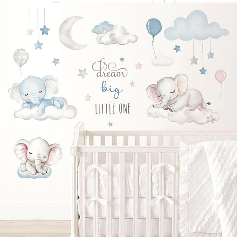 Quinspir Dream Big Little One Elephant Wall Stickers,Dreamy Moon Stars Balloons Cloud Decor for Kids Room, Nursery