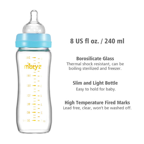 4 Pack, 8 oz Matyz Glass Breastmilk Baby Feeding Bottle with Nipple, Slim and Light Bottle Easy to Hold, Food Grade