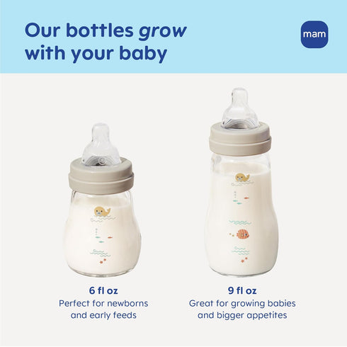 6oz 0+ 3 Pack MAM Premium Glass Wide Neck Baby Bottle with Slow Flow Breastfeeding-Like Silicone Nipple, Easy
