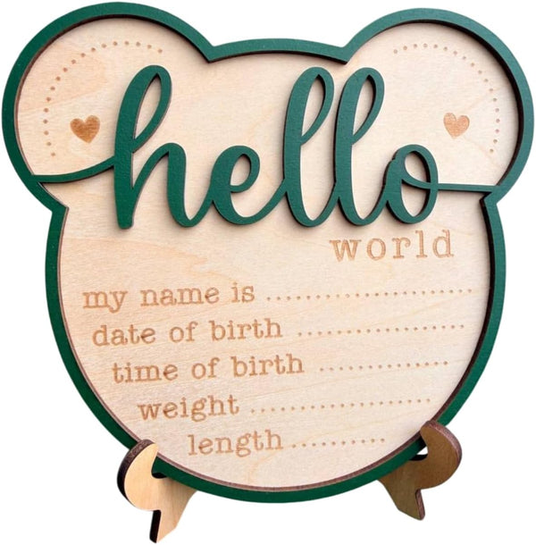 Kemmintvn Wooden Newborn Birth Announcement Ornament, Hello World Baby Keepsake Sign with Name