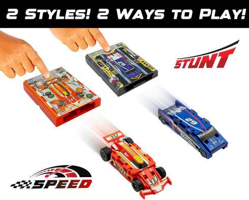 2 FLAT FAST Original Stunt Card Racer Flat Car Racer and Pocket Size Racecar Launcher with Built-in Button for Stunt