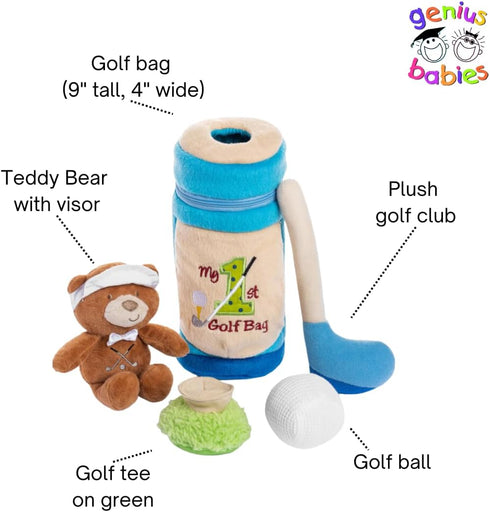 Genius Baby 9" Golf Bag, Includes Teddy Bear, Blue Bag with 'My 1st Golf Bag', Perfect Size for Small Hands