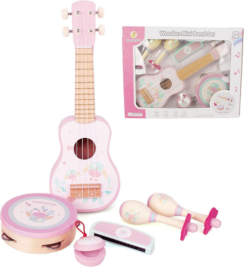 Sets 2 3 Kids Guitar for Girls, Wooden Musical Instruments Toys with Ukulele, Tambourine, Maracas, Harmonica, Mini Band