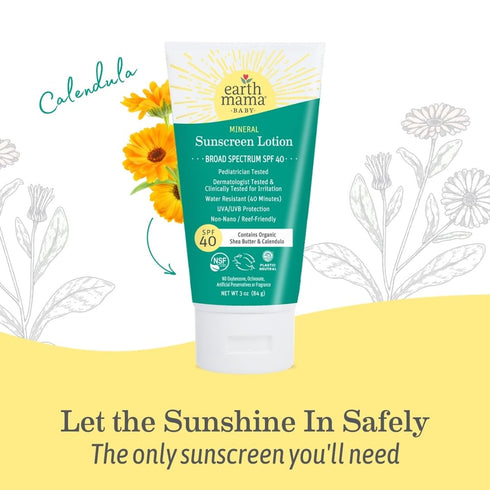 Earth Mama 40 3-Ounce (2-Pack) Baby Mineral Sunscreen Lotion SPF | Non-Nano Zinc, Natural Water Resistant Sun Cream