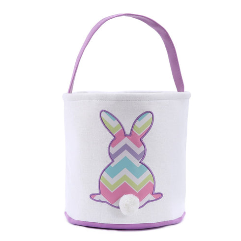 Cootato Easter Bunny Basket Bags for Kids, Personalized Canvas Cotton Bucket with Stripe Rabbit Pattern for Egg Hunt