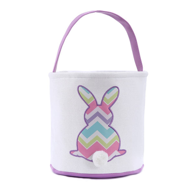 Cootato Easter Bunny Basket Bags for Kids, Personalized Canvas Cotton Bucket with Stripe Rabbit Pattern for Egg Hunt