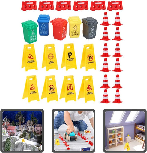 TOYANDONA 31Pcs Road Signs for Kids - Miniature Plastic Traffic Cones and Roadblocks Educational Playset