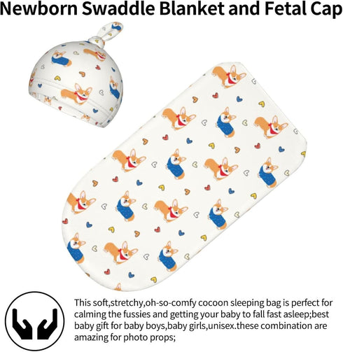 Broiteid Set,Baby Dog Corgi Baby Stuff Newborn Swaddle Blanket with Beanie Hat and Headband Swaddle Blanket Gifts
