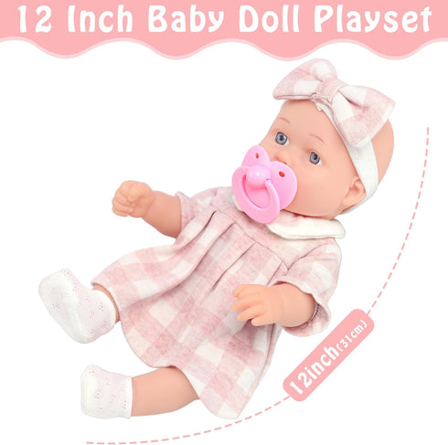 12 6-Piece Packaged Baby Doll Classic Checkered Dress & Accessories Gift Box Soft Realistic Lifelike Baby Dolls