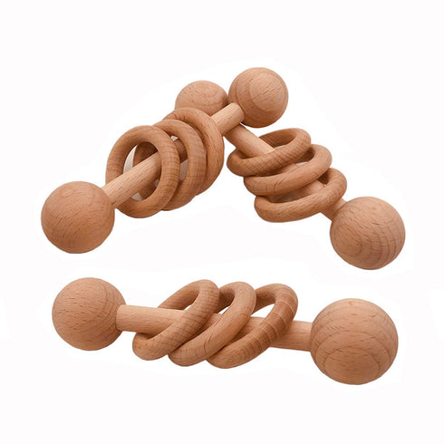 2pcs Beech Wood Ring Rattle - Montessori Toys Wooden Educational Ring Rattle with Chew Wood Beads (Rattle 2pcs)