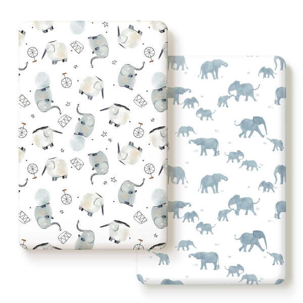 Pack n Play Sheets Fitted 2 Pack - Stretchy Ultra Soft Jersey Knit for Portable/Mini Crib Mattresses, Cute Elephant