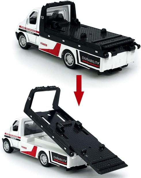 Flatbed Truck Toy Rescue Tow Truck, 2 in 1 Transport Trailer Car Carrier for Boys Kids Toddlers (White)