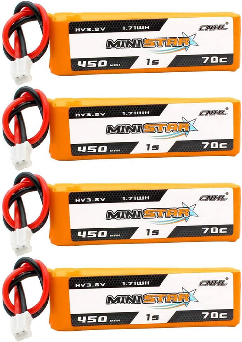 CNHL 450mAh 1S Lipo Battery 3.8V 70C High Voltage with PH 2.0 Plug for 1S Racing Drone Quadcopter (4 Packs)