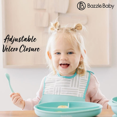 Bazzle Baby Silicone Bibs with Food Catcher - Waterproof 2-Pk, Rolls Up for Easy Travel and Storage