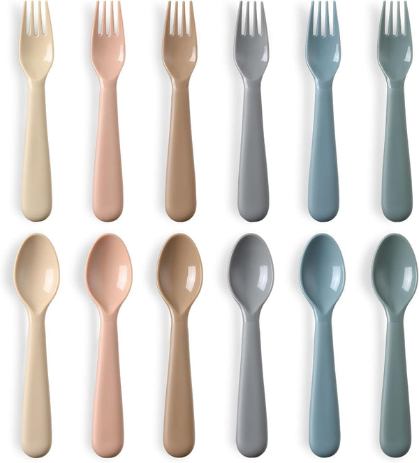 12 Pieces Toddler Utensils Set - Plastic Spoons and Forks for Kids, Reusable Cutlery, BPA Free, Dishwasher Safe