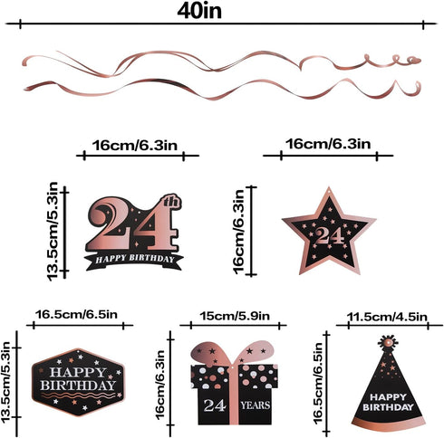 LINGTEER Happy 24th Birthday Decorations, 12Pcs Black & Rose Gold Swirls Streamer Set for 24 Years Old Bday Party